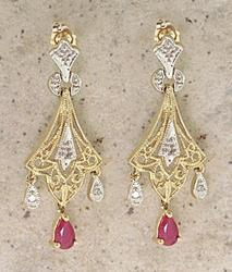 Pear Red Delicious Ruby and Diamond 14K Gold Chandelier Earringspear 