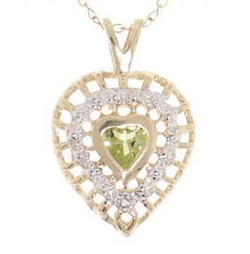 10KT Yellow Gold Heart Peridot Diamond Pendant w/ Chain