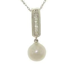 White Cultured Saltwater Pearl Diamond 14K White Gold Dangle Milgrain Pendant Necklace