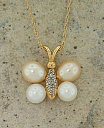 Peach and White Pearl Diamond 14K Gold Butterfly Pendant Necklacepeach 