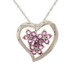 Pink Sapphire Diamond 14K White Gold Flower Heart Pendant Necklacepink 