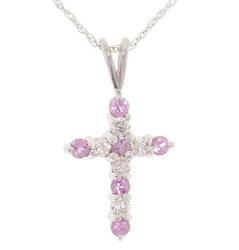Pink Sapphire and Diamond 14K White Gold Cross Pendant Necklacepink 