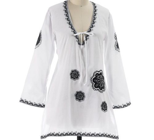 Mud Pie Ladies Cover Up- White Tunic with Black Embroidery