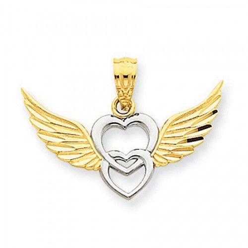 Heart Wings Charm in Rhodium Plated Yellow Gold - 14kt - Mirror Polish - Fine