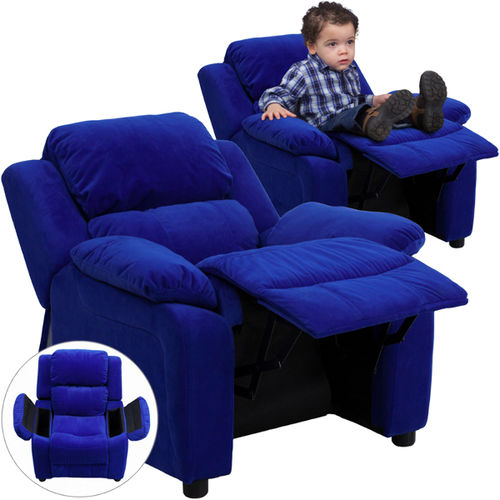 Deluxe Heavily Padded Contemporary Blue Microfiber Kids Recliner with Storage Arms