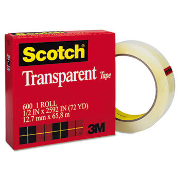 Transparent Tape, 1/2"" x 72 yards, 3"" Core, Clear