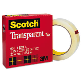 Transparent Tape, 1"" x 72yds, 3"" Core, Clear