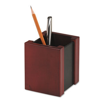 Wood and Faux Leather Pencil Cup, 3 7/16 x 3 1/2 x 4 1/8, Black/Mahogany