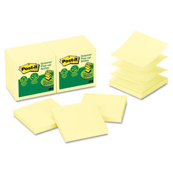 Recycled Pop-Up Notes Refill, 3 x 3, Canary YW,100 Sheets/Pad, 12 Pads/Pack