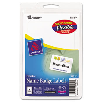 Flexible Self-Adhesive Laser/Inkjet Name Badge Labels, 2-1/3 x 3-3/8, WE, 40/Pk