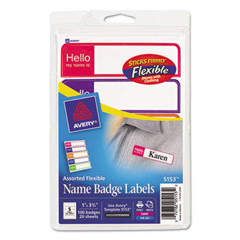 Printable Flexible Name Badge Labels, 1 x 3-3/4, ""Hello"", Bright Asst., 100/Pack