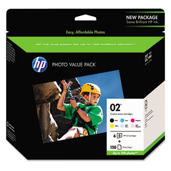 HP-02 Value Pack of Six Cartridges, 4 x 6 Advanced Photo Paper, 150 Sheets