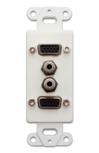 Decora Wall Plate Insert, White, Dual VGA Couplers and Dual 3.5mm Stereo Couplers, HD15 Female and 3.5mm Female