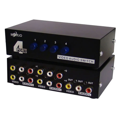Audio / Video RCA Selector Switch, 4 way, Output 3 RCA Composite Video and Audio Female, Input 4 Sets of 3 RCA Composite Video and Audio Female