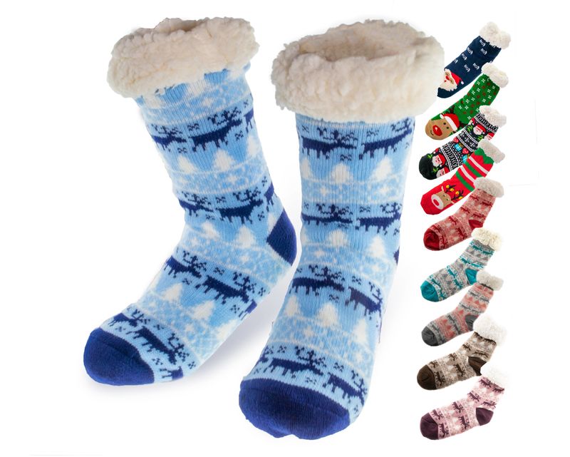 Christmas Fuzzy Sherpa Slipper Socks Lined With Warm Thick Fur Fleece Thermal 995 