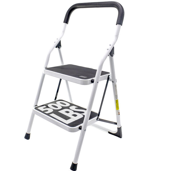 Metal 2 Step Stool Ladder Foldable with Non Slip Ergonomic Handle & Platform - Foldable, Heavy Duty, Lightweight, Compact & Collapsible Steel Safety Kitchen Step Stool - 45" Height