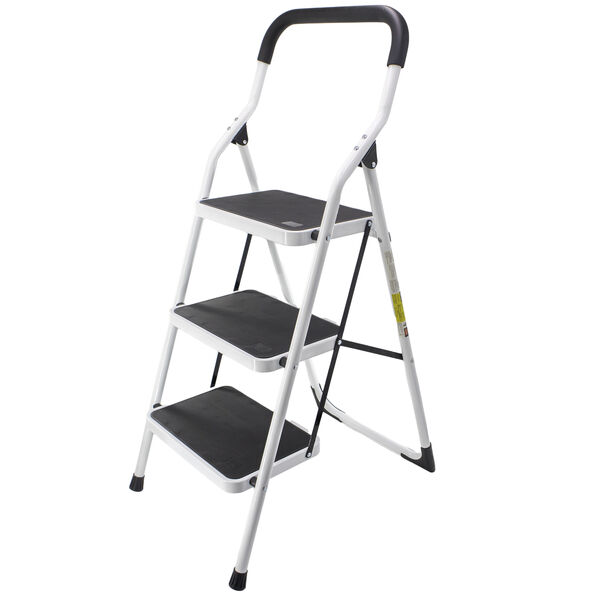 Metal 3 Step Stool Ladder Foldable with Non Slip Ergonomic Handle & Platform -  Heavy Duty, Lightweight, Compact & Collapsible Steel Safety Kitchen Step Stool - 45" Height