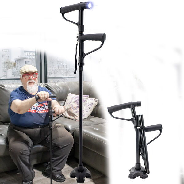 Folding Walking Cane with LED Light w/ Extra Rotating Support Handle, Lightweight, 4 Adjustable Height, Self Standing Quad Base, Comfortable Grip, Perfect for Elderly Senors and People with Limited Mobility