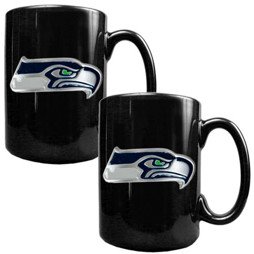 Seattle Seahawks NFL 2pc Black Ceramic Mug Set - Primary Logo